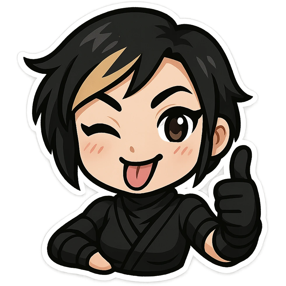 Make the expression weird-cute: sexy chibi ninja girl with black short hair and a blonde streak, only head and arms, giving a thumbs up, bold outlines, transparent background, no mask, tongue out and one eye winking, sized for Twitch emoji use. emoji