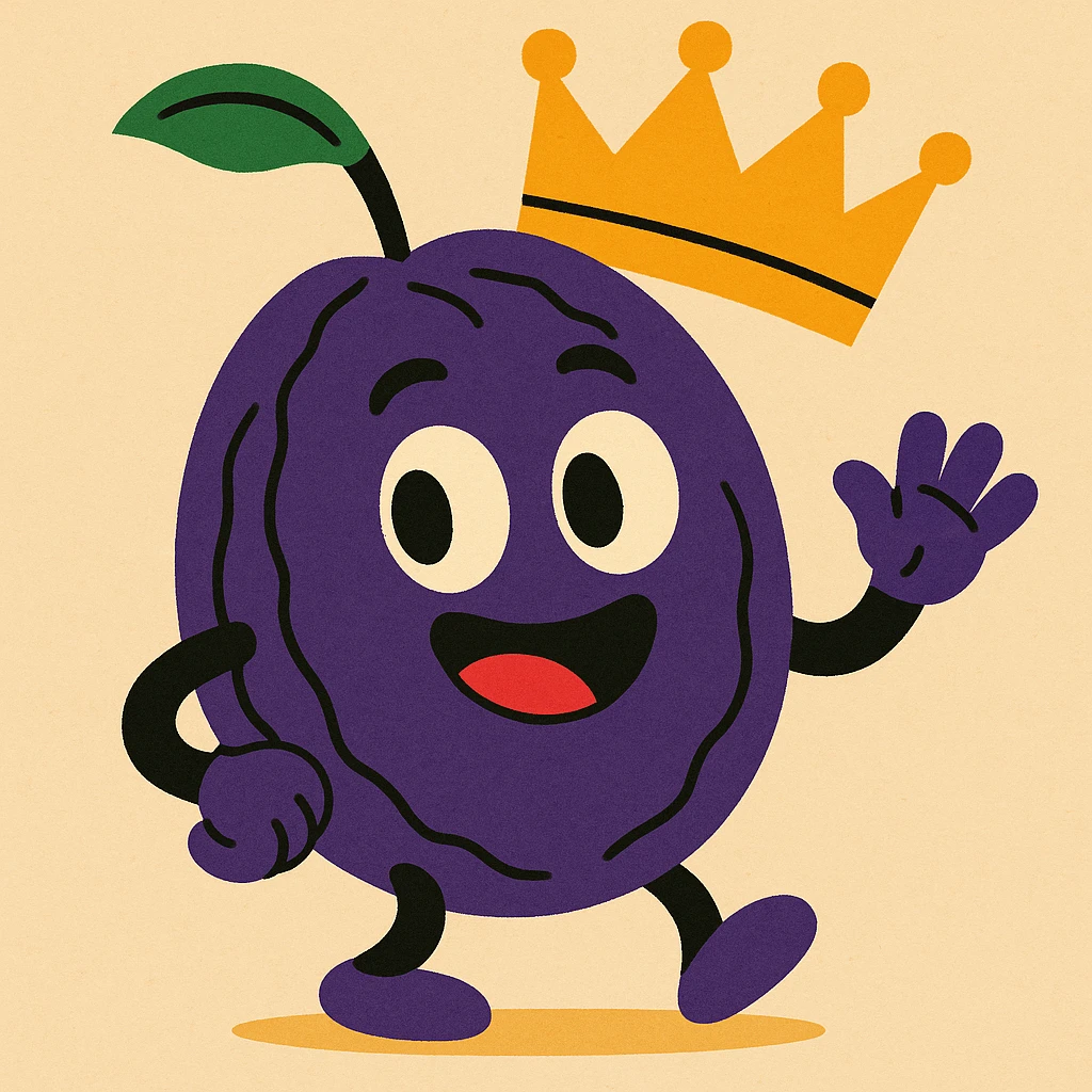 prune fruit with a crown, playful, cartoon style emoji
