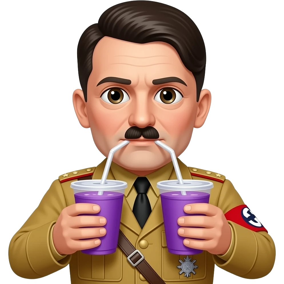 Hitler having a purple drink out of two styrofoam cops emoji