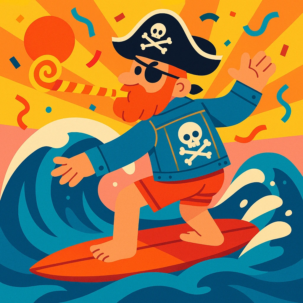 male adult surfing a wave, wearing surfer shorts, denim jacket with skull and crossbones patch, pirate hat, blowing on a NYE noisemaker, vibrant illustration emoji