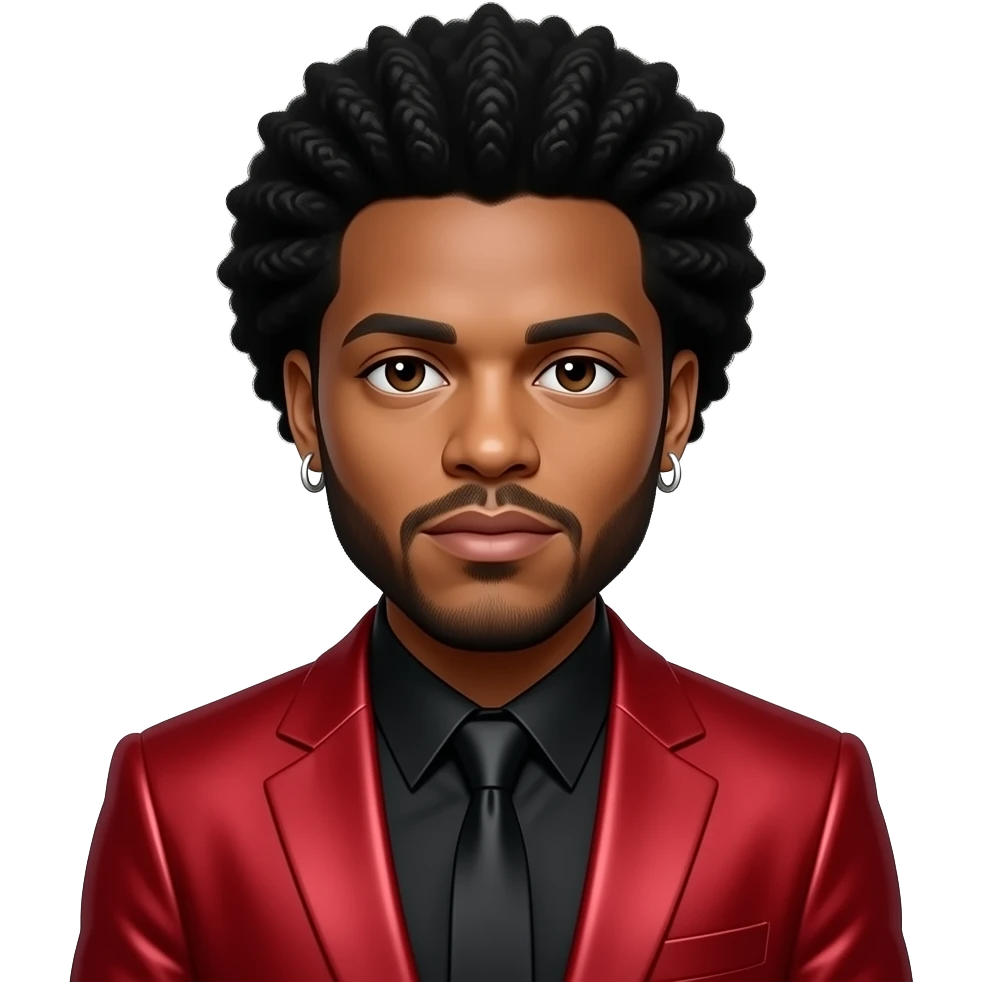 The Weeknd with dark brown eyes, black medium afro hair, black metallic shirt, red metallic suit jacket, silver short earrings emoji