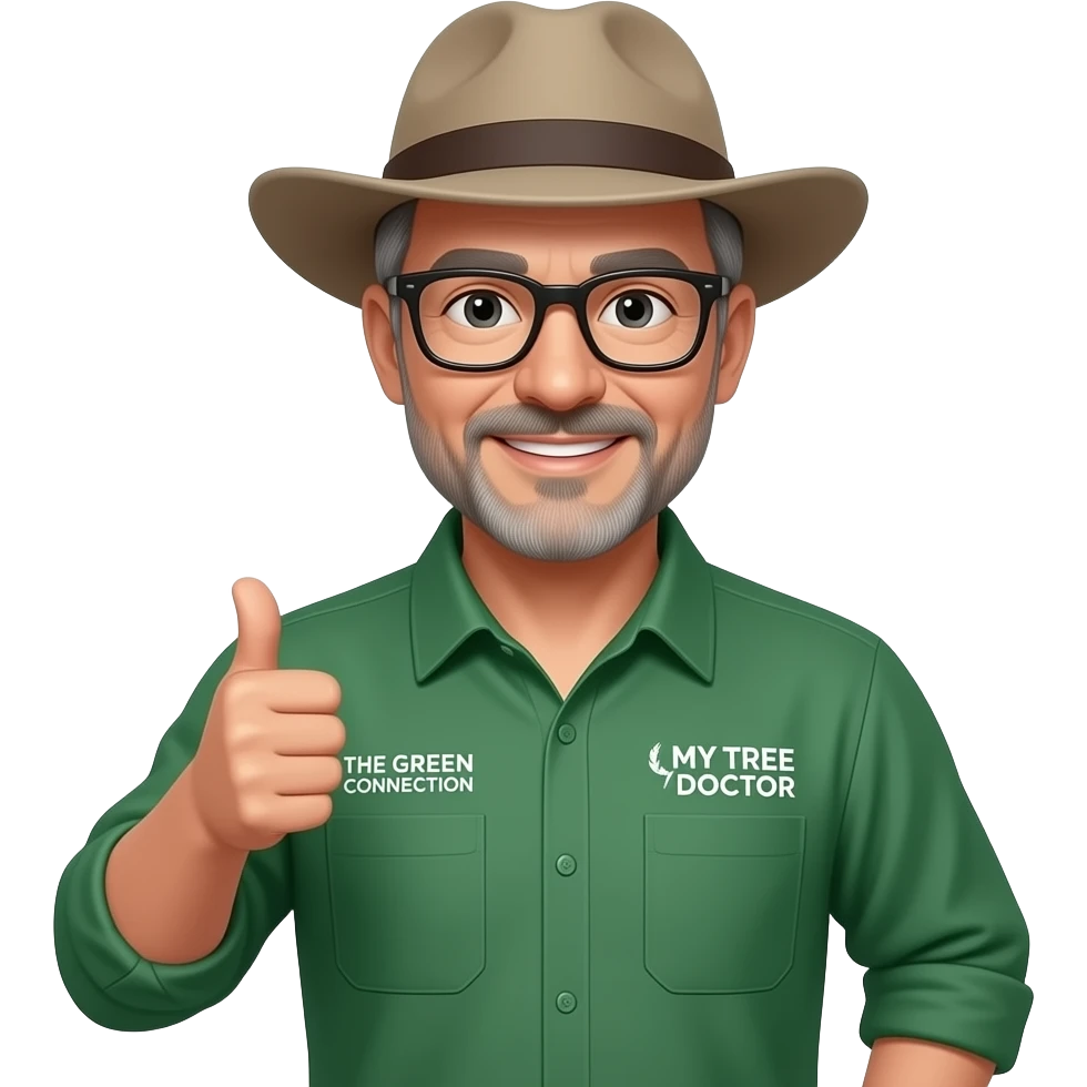 middle-aged man, clean shaved with only a little grey hair. Dark-rimmed rectangle glasses, in a green-collared, long-sleeve shirt.  Flatter wide-brim Akubru hat. Giving a thumbs up. Insert 'THE GREEN CONNECTION' in white directly onto the left pocket & onto the right pocket, place 'MY TREE DOCTOR' emoji