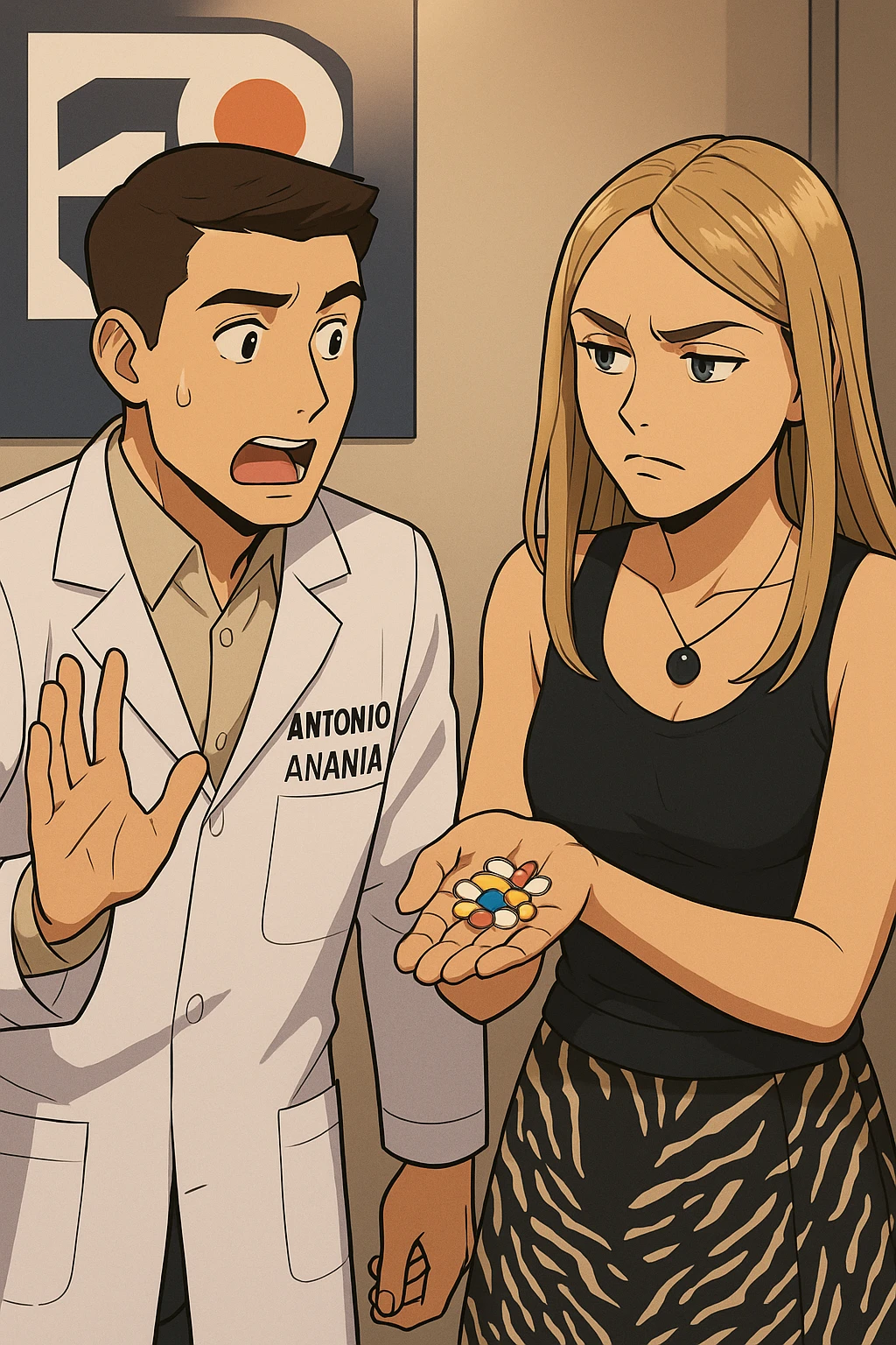 fai un webtoon/manga a colori con questo kinesiologo in camice bianco (fagli la scritta "ANTONIO ANANIA" SUL CAMICE) CHE PARLA CON QUESTA RAGAZZA. LA RAGAZZA HA UN PUGNO DI INTEGRATORI IN MANO (TANTE PILLOLE DIVERSE) E LE GUARDA DUBBIOSA. IL KINESIOLOGO CON IL CAMICE BIANCO LE DOMANDA UNA COSA SCIOCCATO. NON FARE I FUMETTI, FAI SOLO LORO COME SE DIALOGASSERO emoji