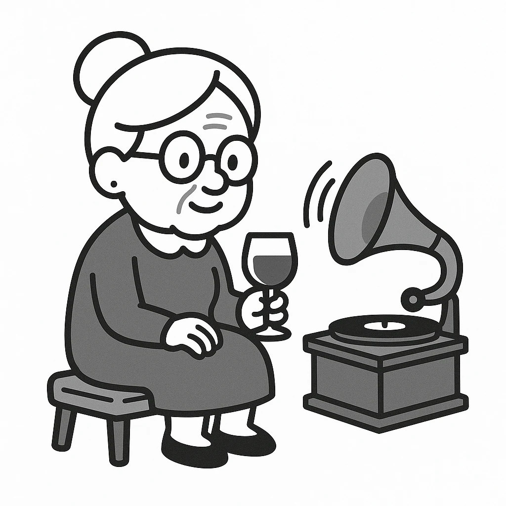old lady with wineglass listening to gramophone emoji
