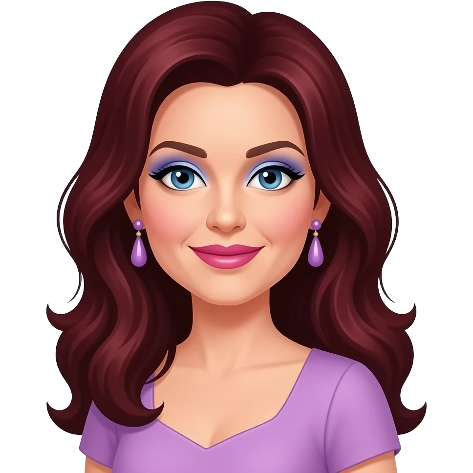 Priscilla Presley with blue eyes, long dark red hair, pale blue eyeshadow, pink lipstick, lavender dress, lilac earrings emoji