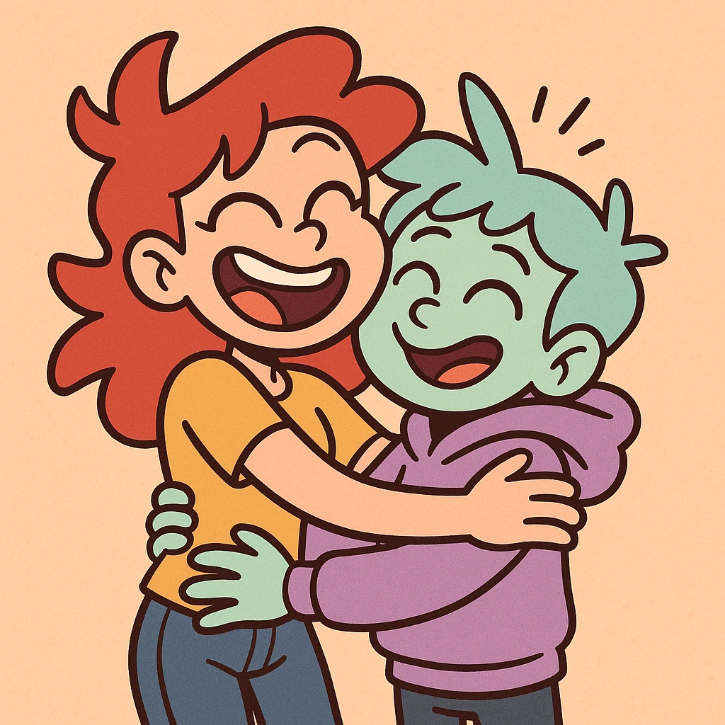 a warm hug between two cute characters, vibrant colors, cartoon style, joyful and friendly atmosphere emoji