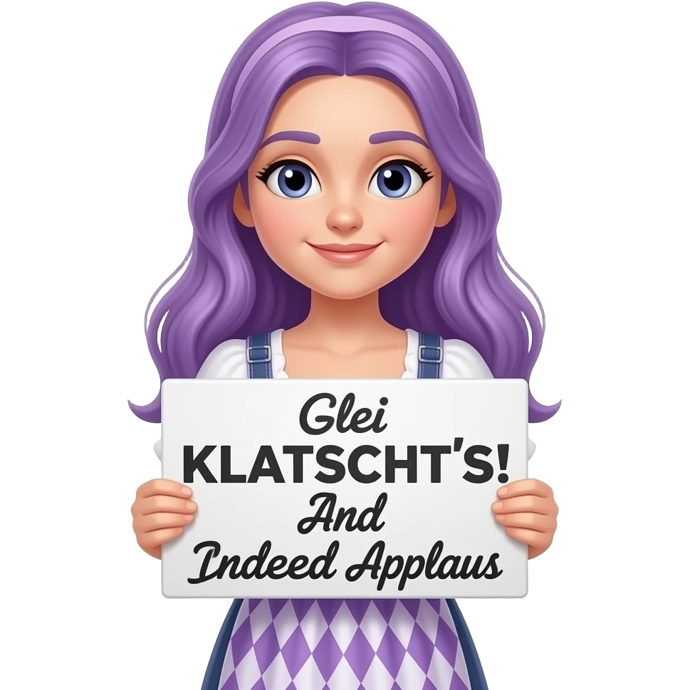girl with long purple hair wearing a dirndl holding a Glei KLATSCHT'S! Und zwar koan APLLAUS sign emoji