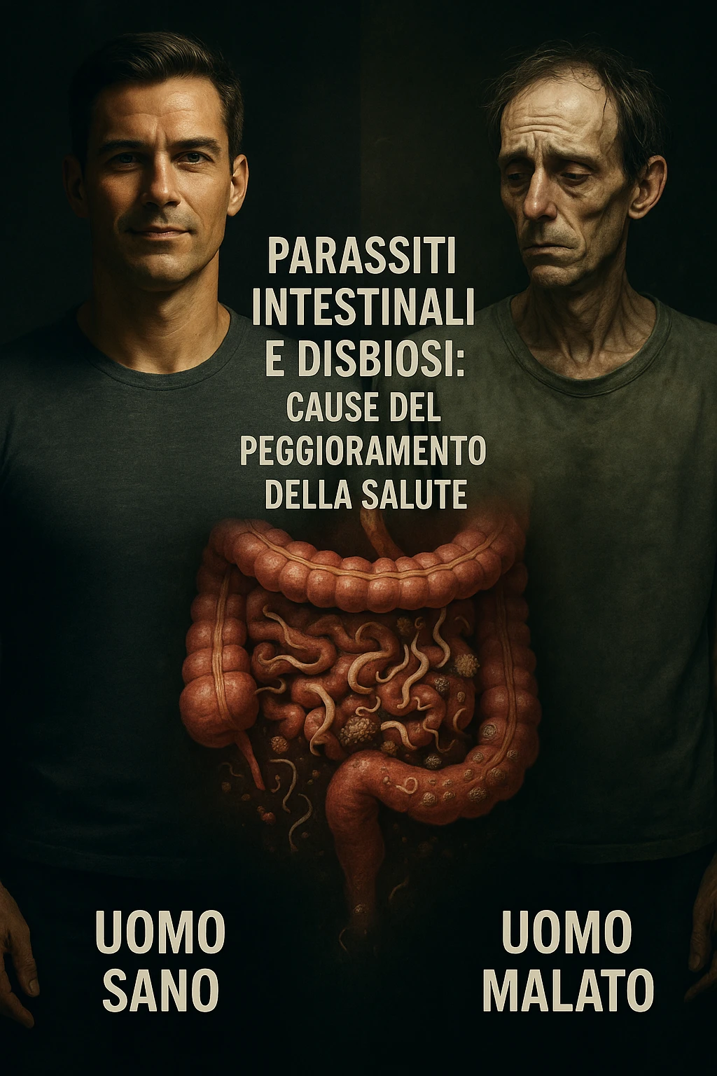 vertical realistic cinematic image: healthy man on the left, sick man on the right, with a central transition showing intestinal parasites and dysbiosis as causes of health deterioration. Dramatic clinical lighting, captions in Italian, 2:3 aspect ratio. emoji