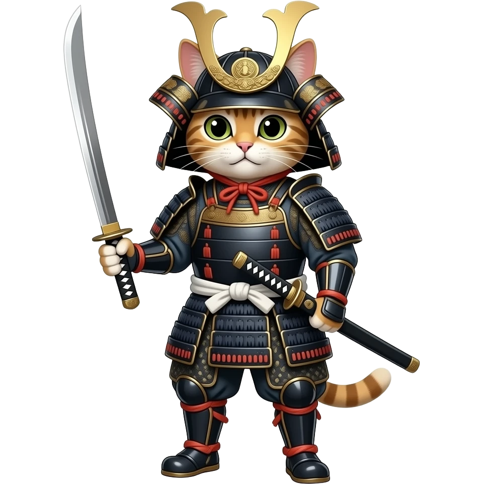 Кіт  в японських обладунках з мечем в повний зріст, він людиноподібний emoji