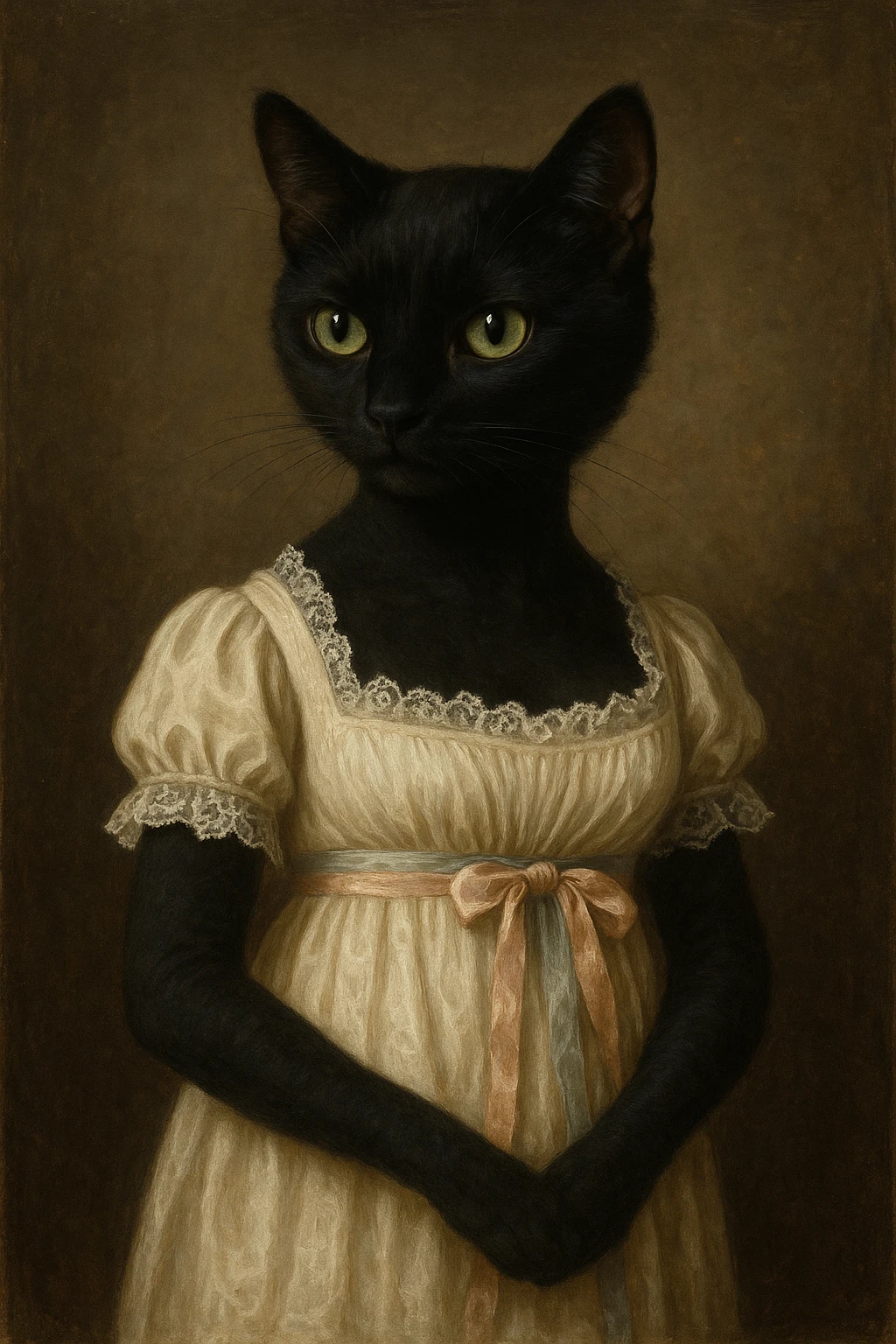 black cat in a Regency dress with lace and ribbons, inspired by Jane Austen's Pride and Prejudice emoji