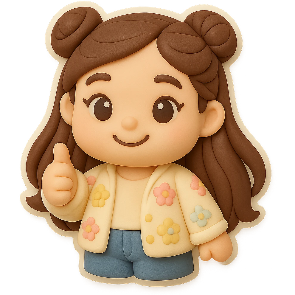 3D chibi fondant cake art style, high-quality rendering with smooth shadows and soft gradients. Girl based on reference image with long brown hair in two space buns, brown eyes, jeans, pastel floral cardigan, thick white outline like a sticker, transparent background. Thumbs up, happy expression. Ensure the face and hairstyle match the reference exactly. emoji