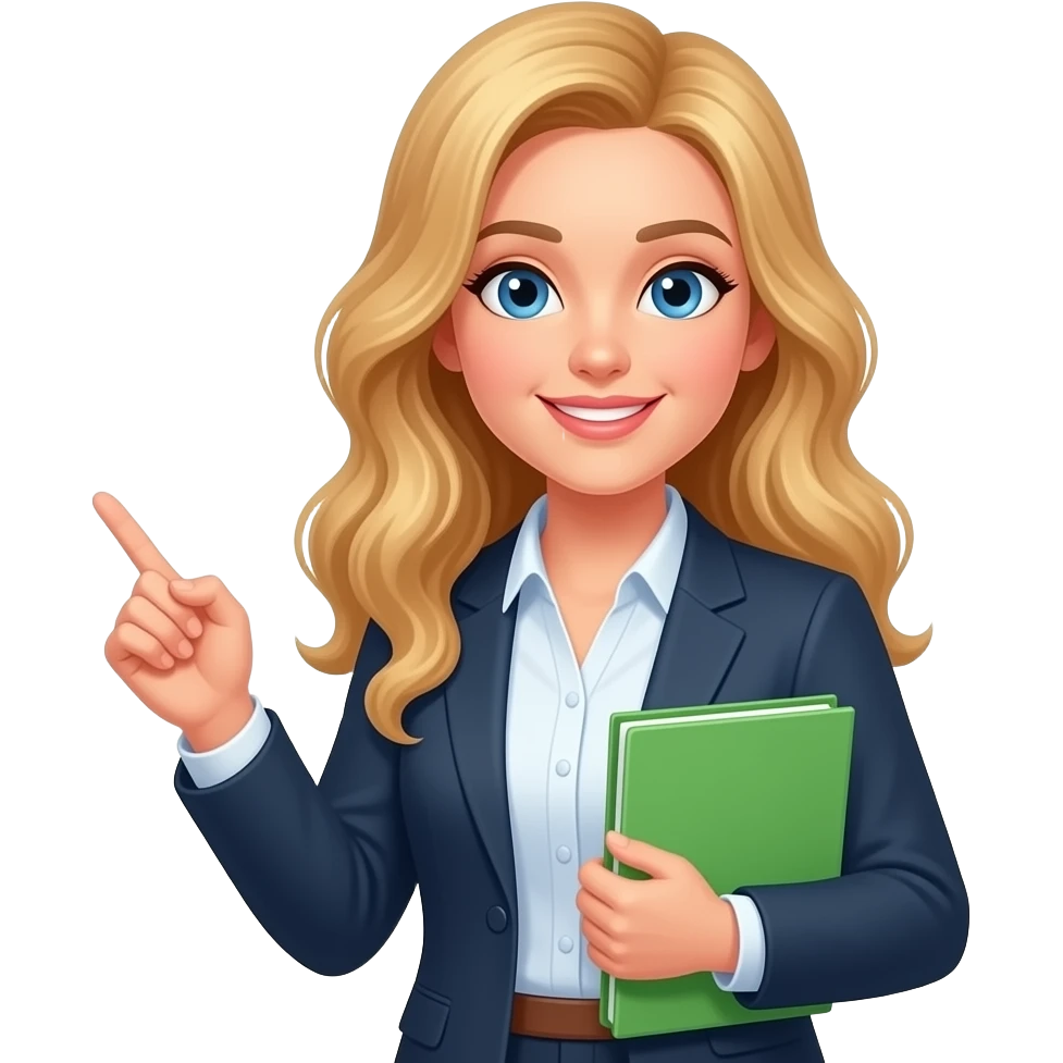a teacher with long wavy blond hair and blue eyes holding a green  folder in the right hand emoji