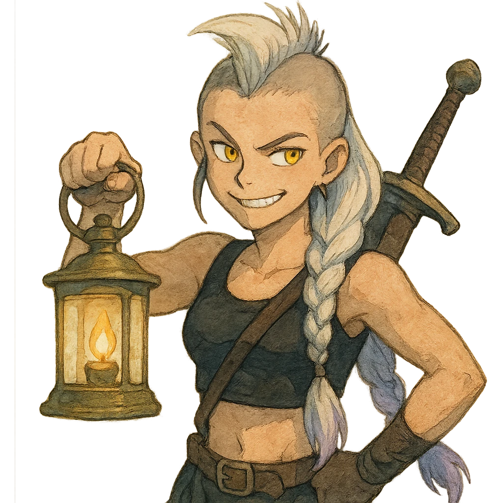 A sword maiden, mohawk, long braid white hair with lavender and tips long messy bangs one side, gold yellow eyes, black crop top, brandishing a lantern. Mischievous smirk emoji