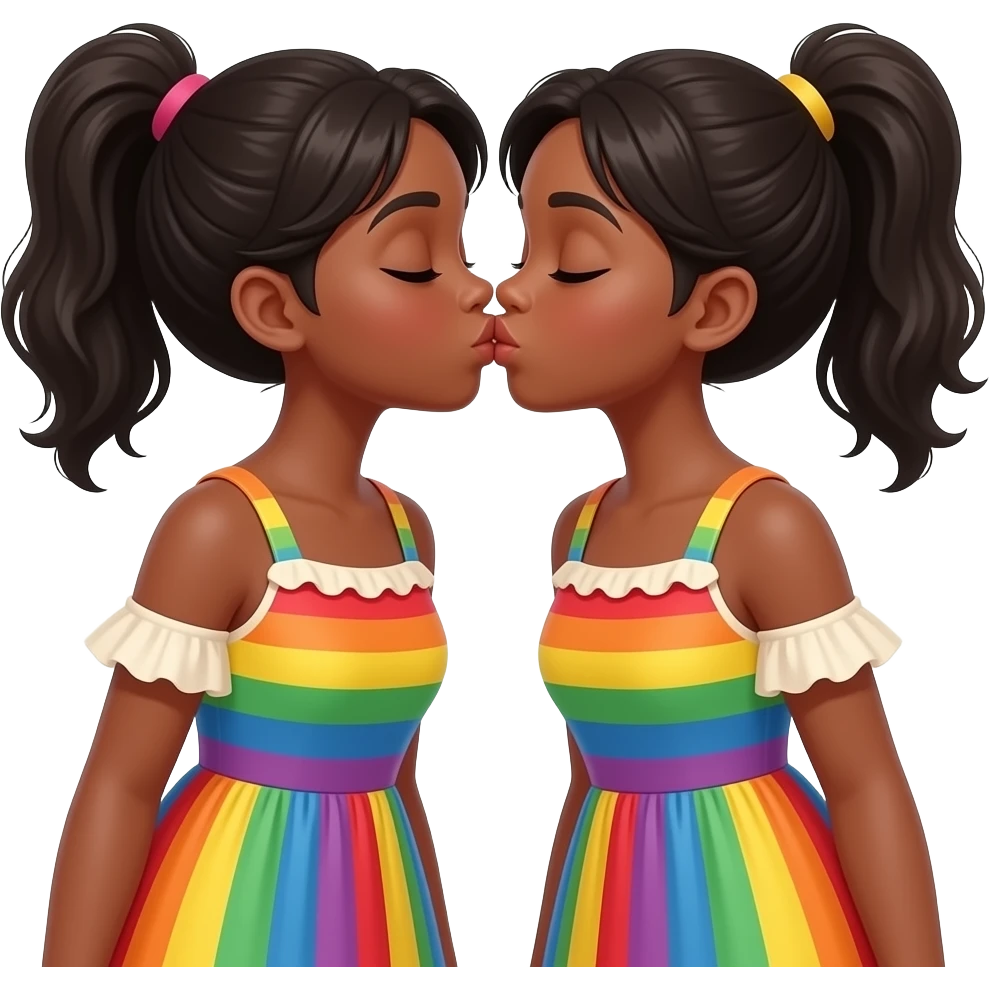 Two black girls kissing in rainbow colored dresses with cream on them. emoji