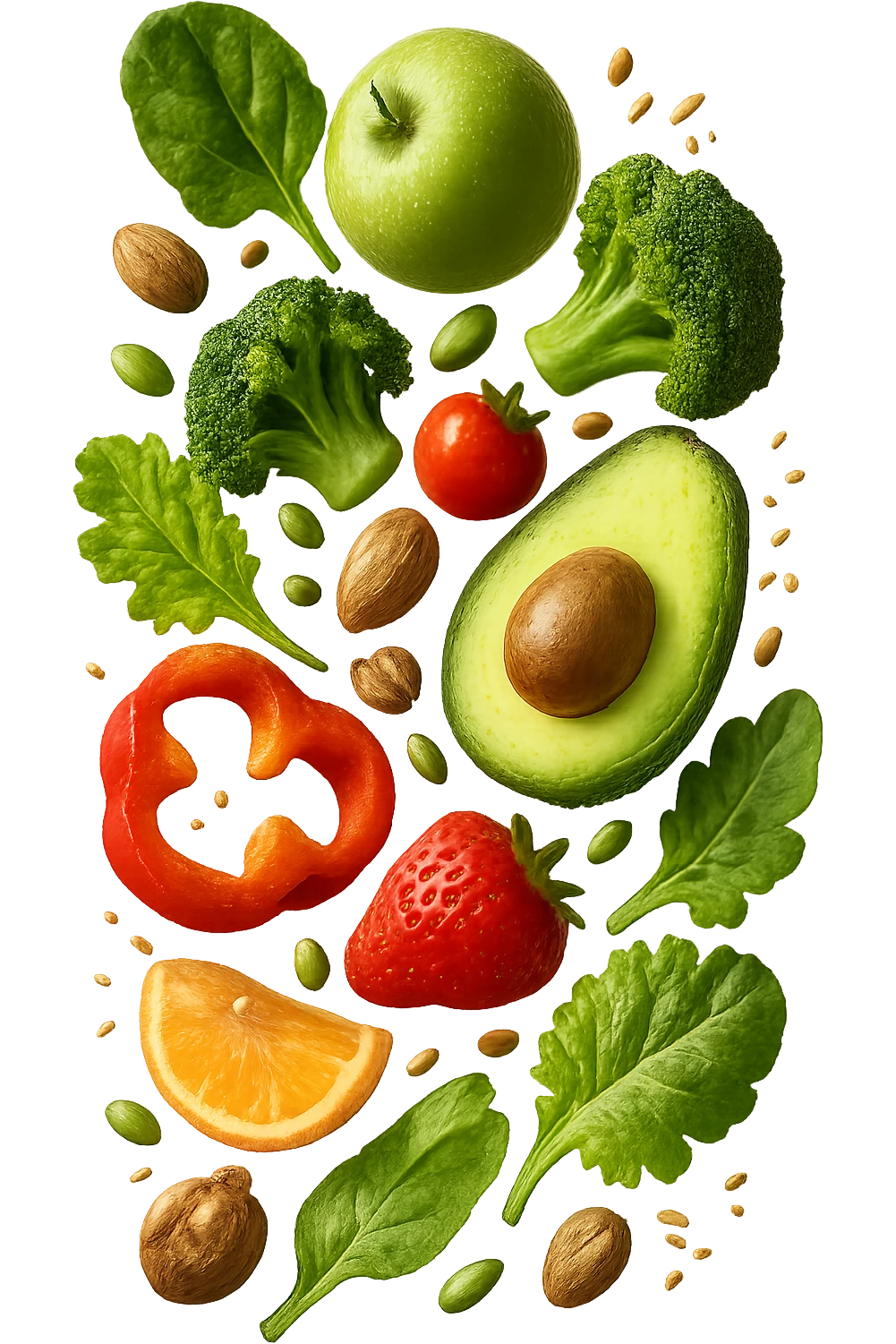CIBO SANO CHE CADE VERTICALMENTE DALL'ALTO, IPERREALISTICO DALL'ALTO emoji