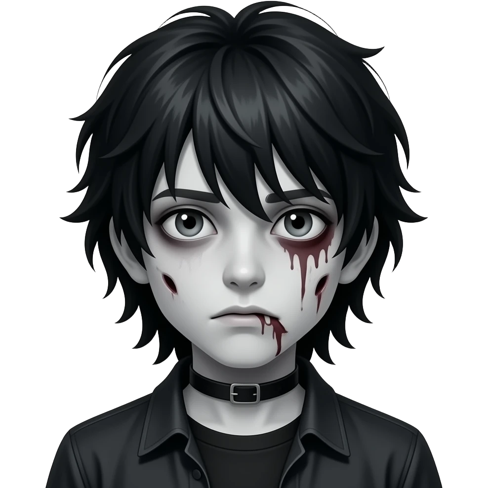 Boy, zombie, black hair, medium long, emo, shaggy, dark, spooky, creepy pale skin emoji