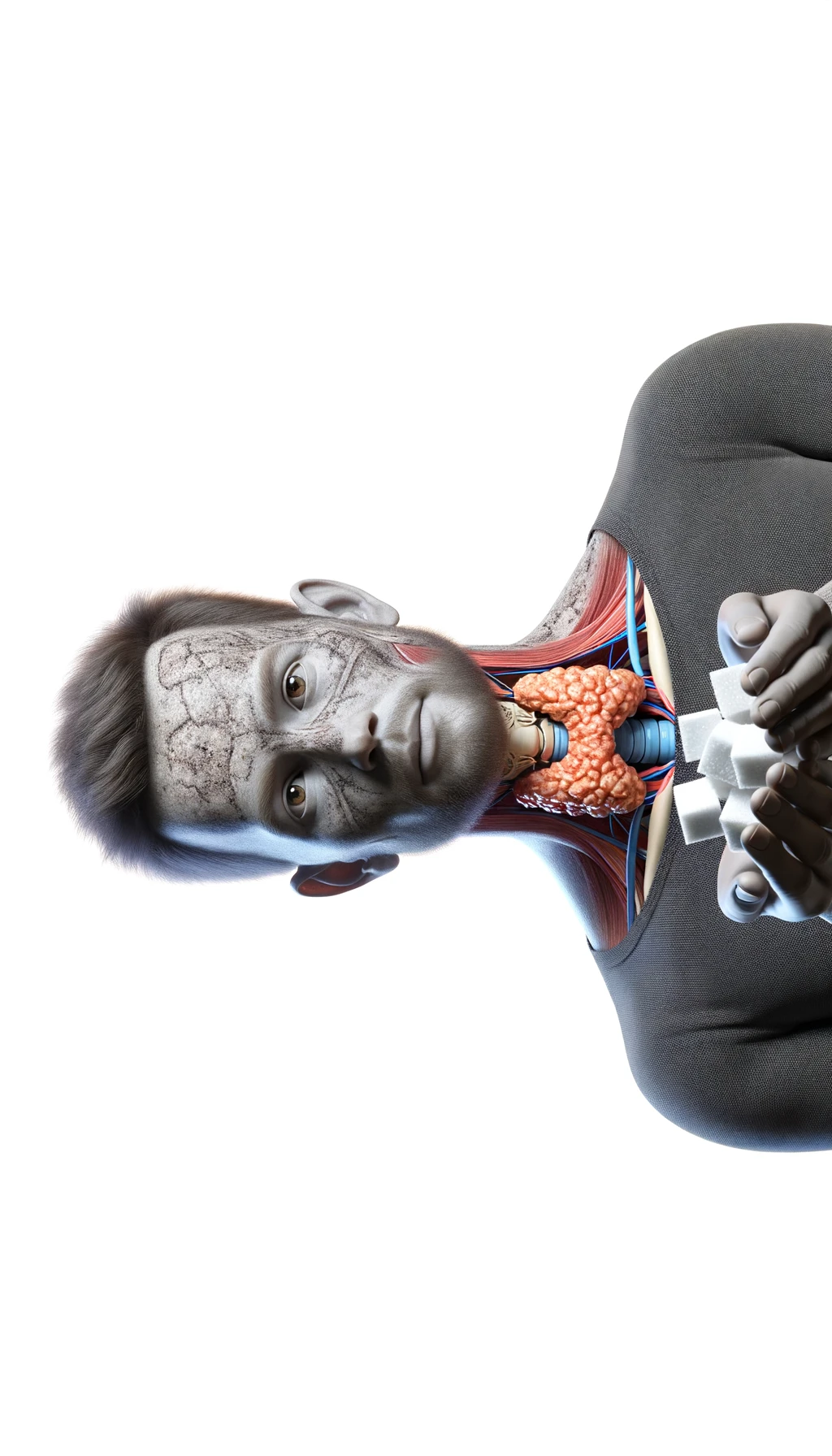 corpo umano anatomico con capelli corti a figura intera fino alle ùginocchia, tiroide infiammata in evidenza, tiene in mano una manciata di zollette di zucchero, iperrealistica 4k, isolato su sfondo bianco emoji