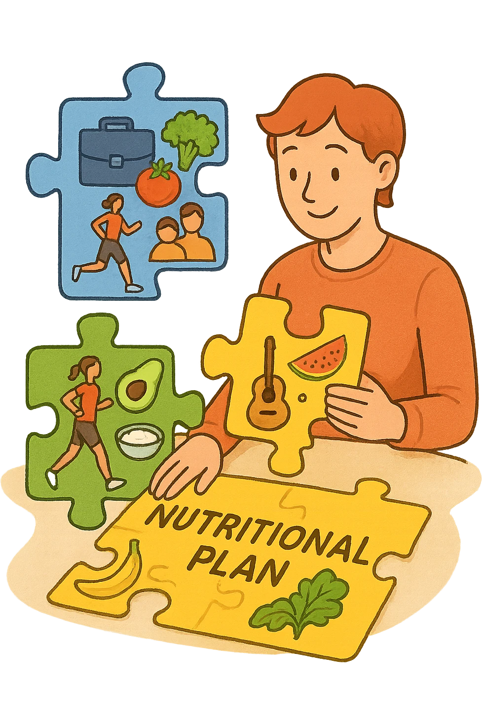 a person is surrounded by puzzle pieces, each representing a different aspect of their life (work, exercise, family, leisure), and healthy foods are integrated into each piece. The person assembles the puzzle, creating a complete, personalized nutrition plan. The mood is uplifting and creative. in italiano emoji
