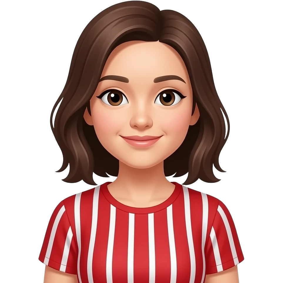 asian woman with brown hair in red shirt with white vertical lines emoji