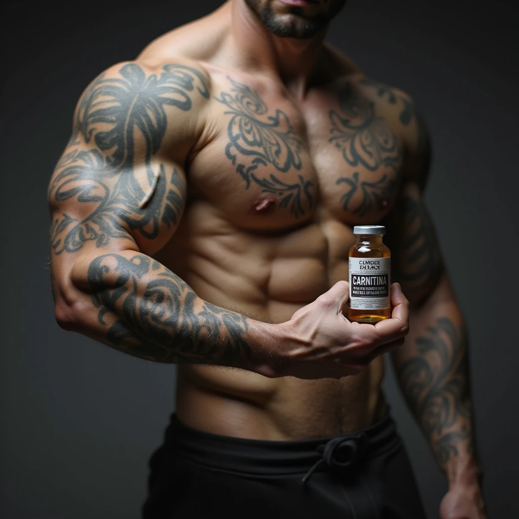 bodybuilder with tattoos, hyperrealistic, holding a vial labeled 'CARNITINA' in hand, 4k quality emoji