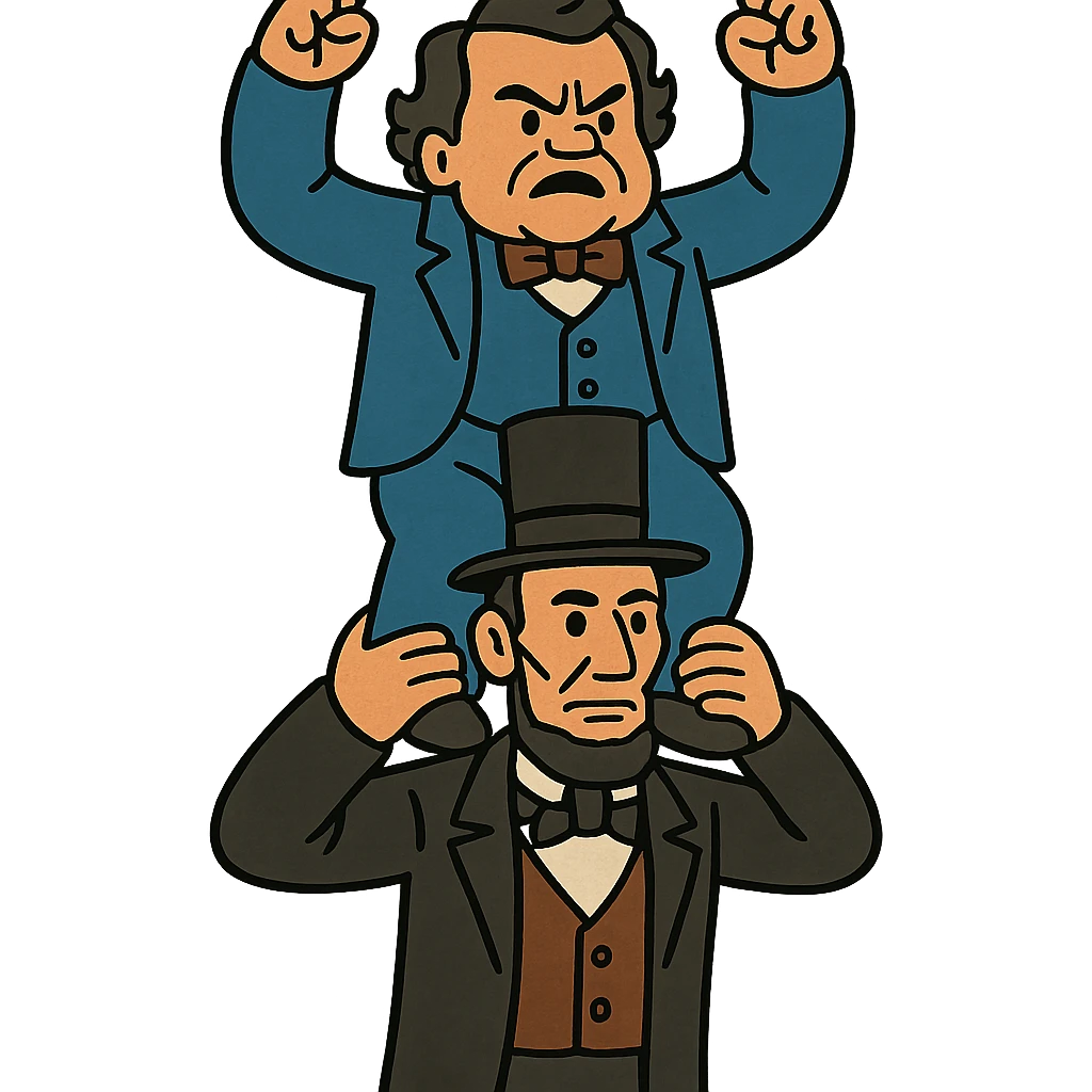 Stephen Douglas standing on Abraham Lincoln's shoulders, historical cartoon style emoji
