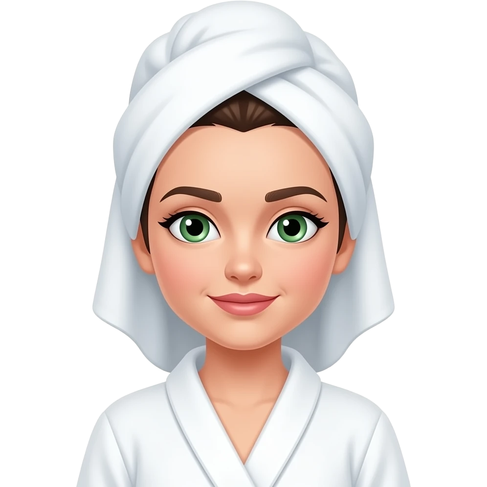 A white girl with green eyes and dark brown hair, a white towel on her head, and a white bathrobe. emoji