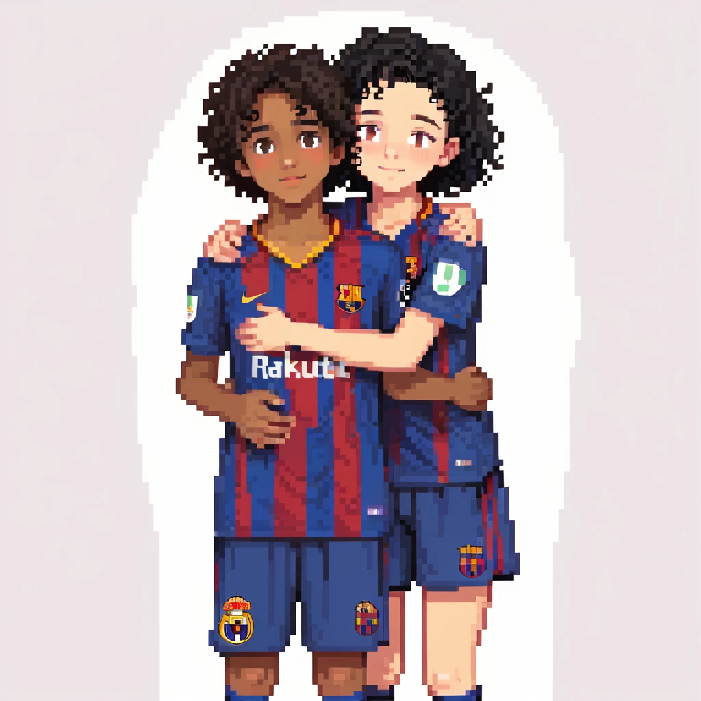 A tall boy with brown eyes, black hair, and white skin, wearing a Barça shirt, hugging a short girl with curly black hair, brown eyes, and bronze skin, wearing a Real Madrid shirt emoji
