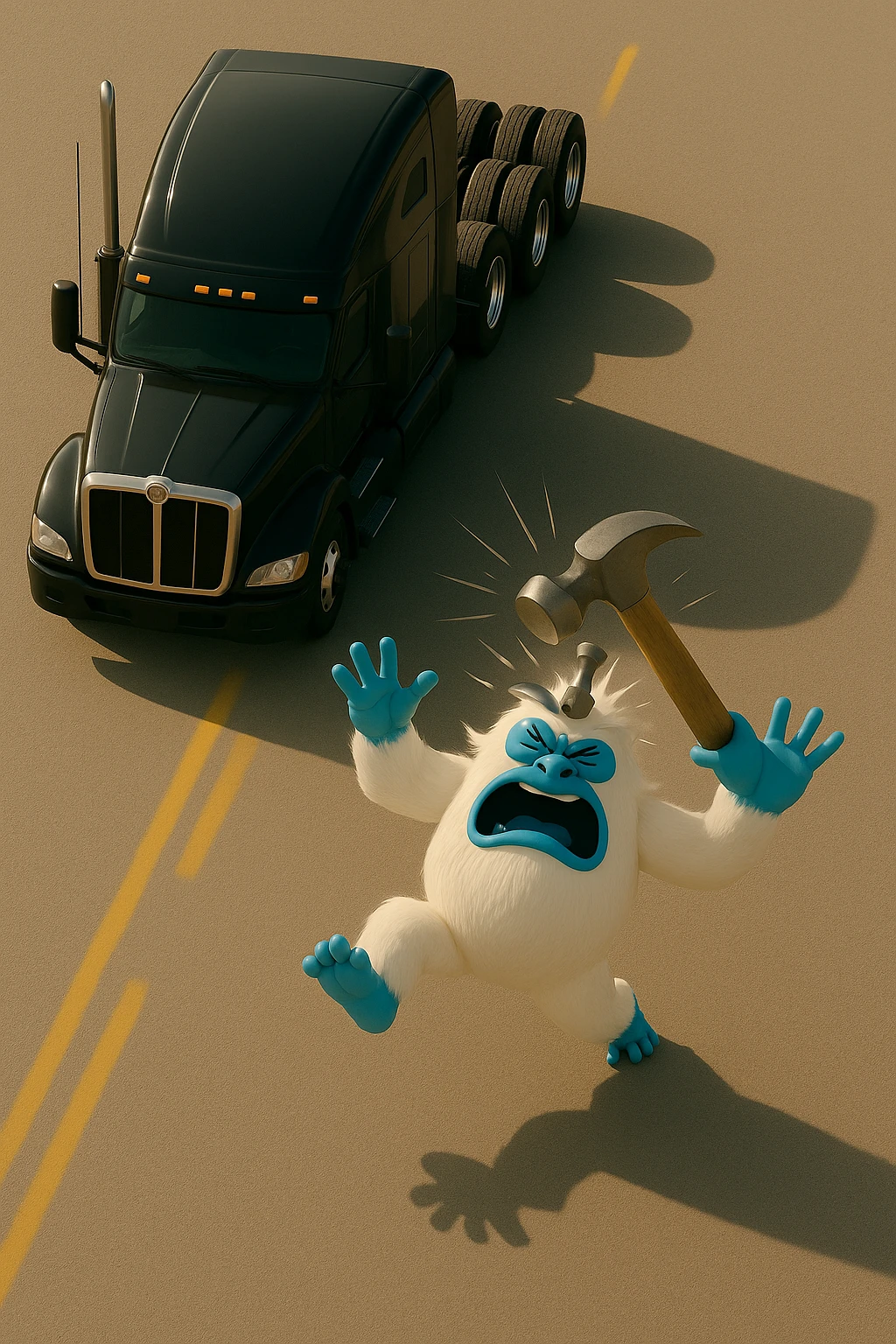 Increase the distance between the truck and the abominable snowman in a light and realistic scene. Show a hammer actively hitting the snowman from a top-down view. No text in the image. emoji