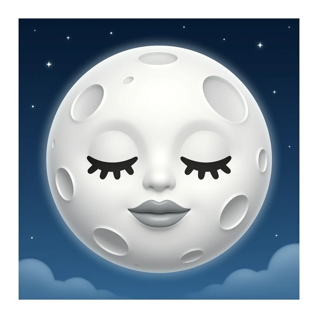 planet Moon with a cartoon kind face with very small sleepy feminine eyes and round craters for the moon. gray colored lips. transparent background emoji