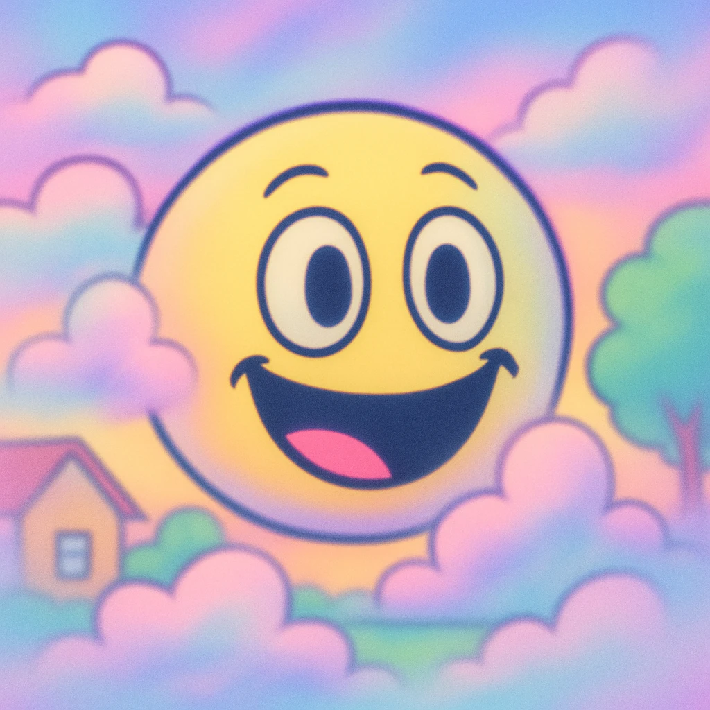 yellow smiley face in dreamcore style, surrounded by abstract clouds, pastel tones, dreamy blur effect emoji
