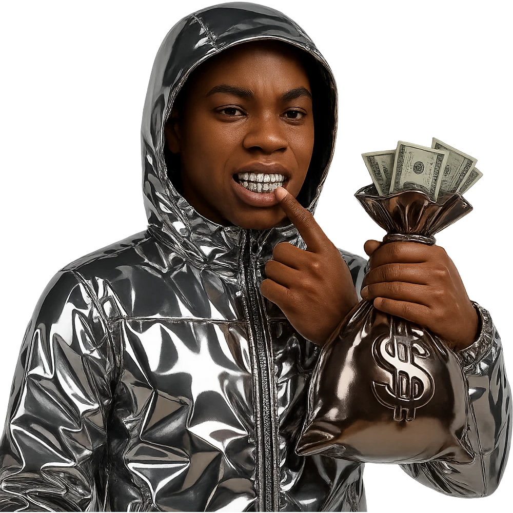 Create a character inspired by the person in the reference image with realistic brown skin tone and natural facial features. Dress him in a chrome patterned hooded jacket. He should be holding a chrome brown money bag in his other hand (opposite side), with realistic US dollar bills coming out. The character has visible grills and a confident expression. Only the jacket and money bag are chrome; face and hands look natural. Background transparent. emoji