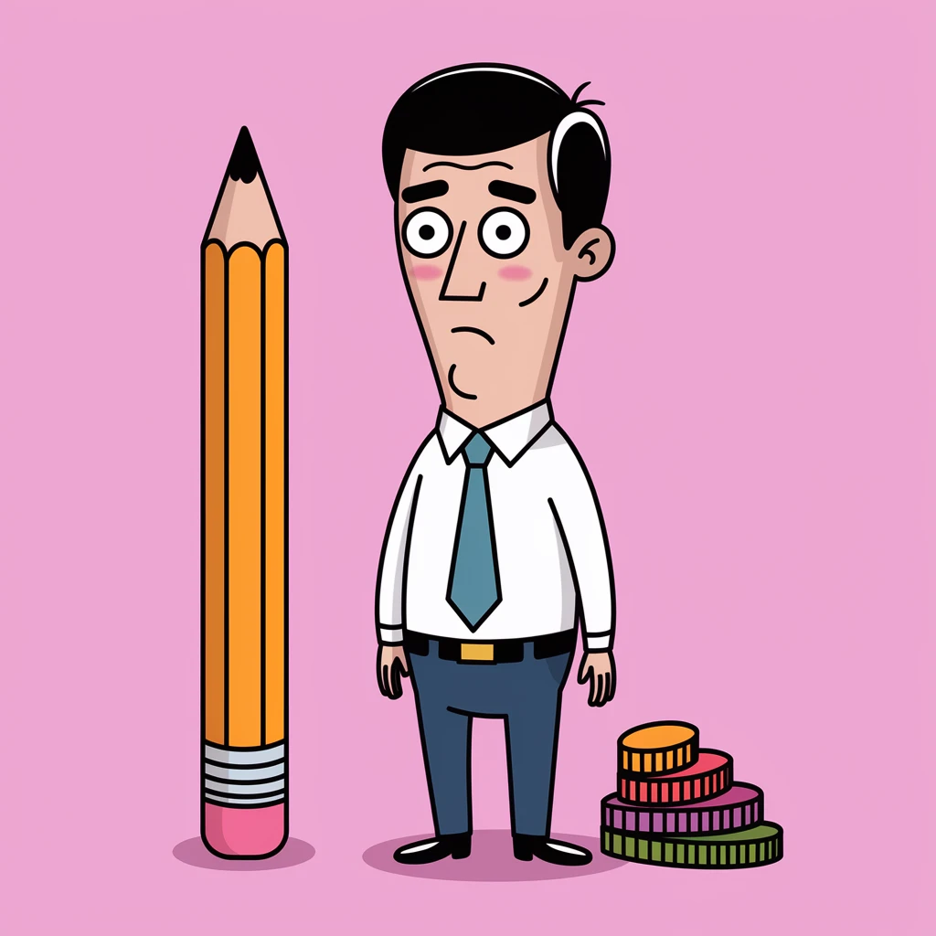 a very thin man next to a pencil (cartoon colourful style) emoji