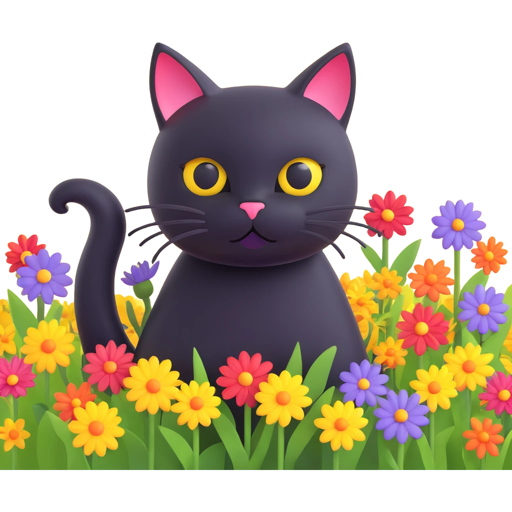 A black cat with a flower on its head in a field of flowers emoji