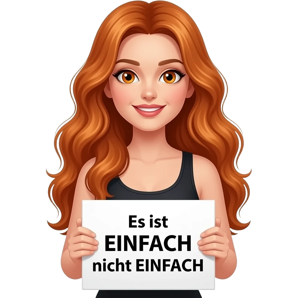 sexy girl with long wavy ginger hair and ginger eyes wearing a black tanktop is holding a white sign with Es ist EINFACH nicht EINFACH written on it emoji
