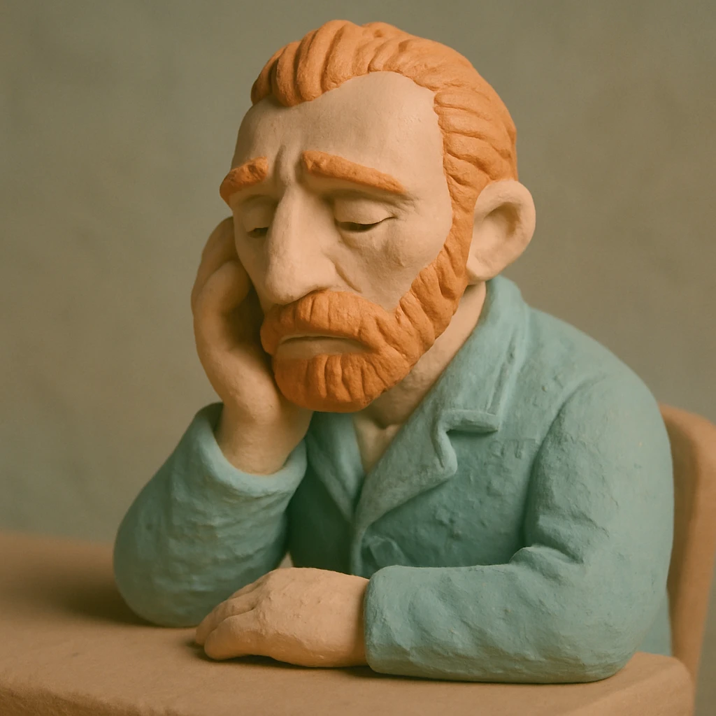 Van Gogh sitting and thinking, claymation style, soft shapes, pastel colors emoji