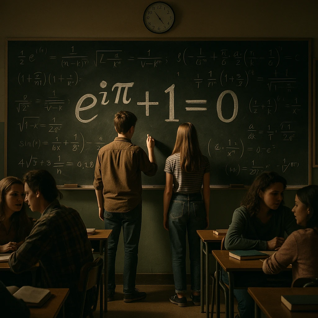 A group in a classroom with a giant unsolved equation on the board. Most students are distracted or chatting, two step forward to solve it. Lighting on the two, others in muted tones. Conceptual, symbolic, cinematic, hyperrealistic 4K. emoji