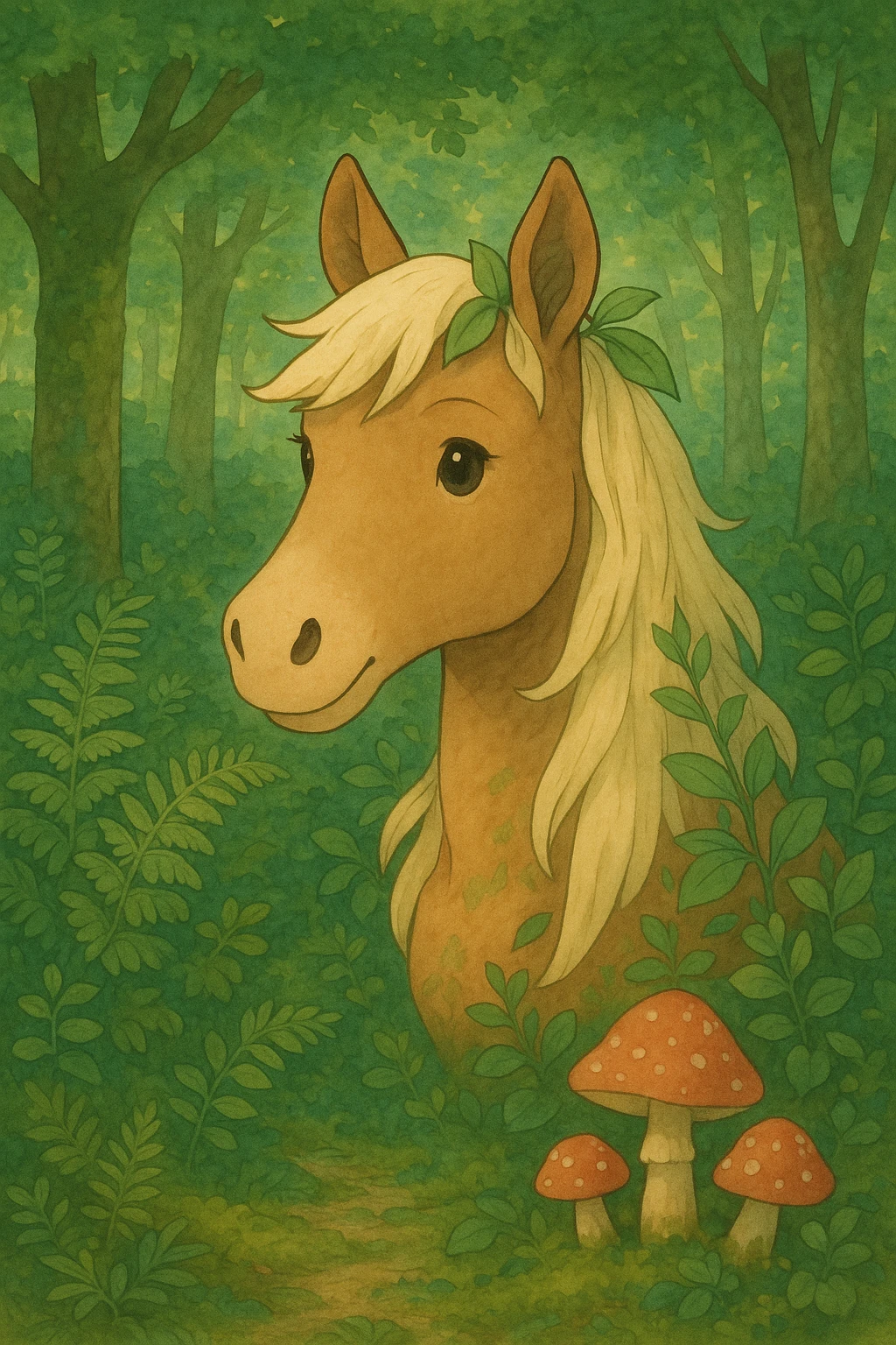Add more forest details around the cute horse head, such as ferns, moss, mushrooms, and leafy branches, in Ghibli style with soft colors, gentle expression, and leafy accents. emoji