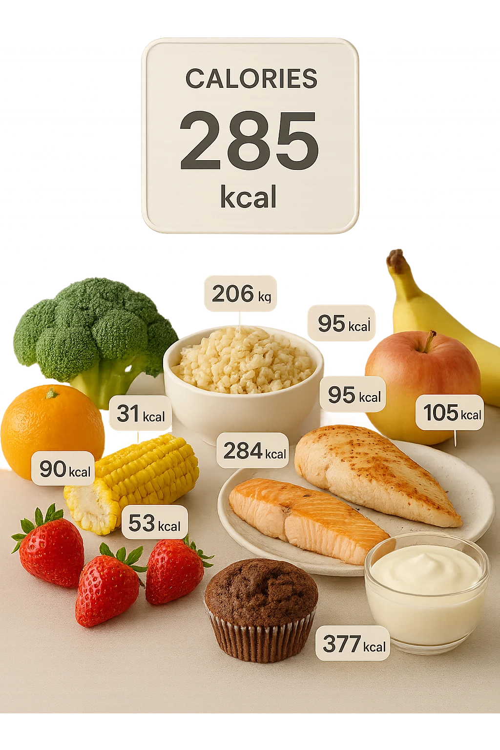 a digital calorie counter hovers above a variety of foods arranged on a table—fruits, vegetables, grains, meats, and desserts. Each food has a floating label showing its calorie content. The background is clean and modern, emphasizing the educational aspect of calorie awareness. emoji