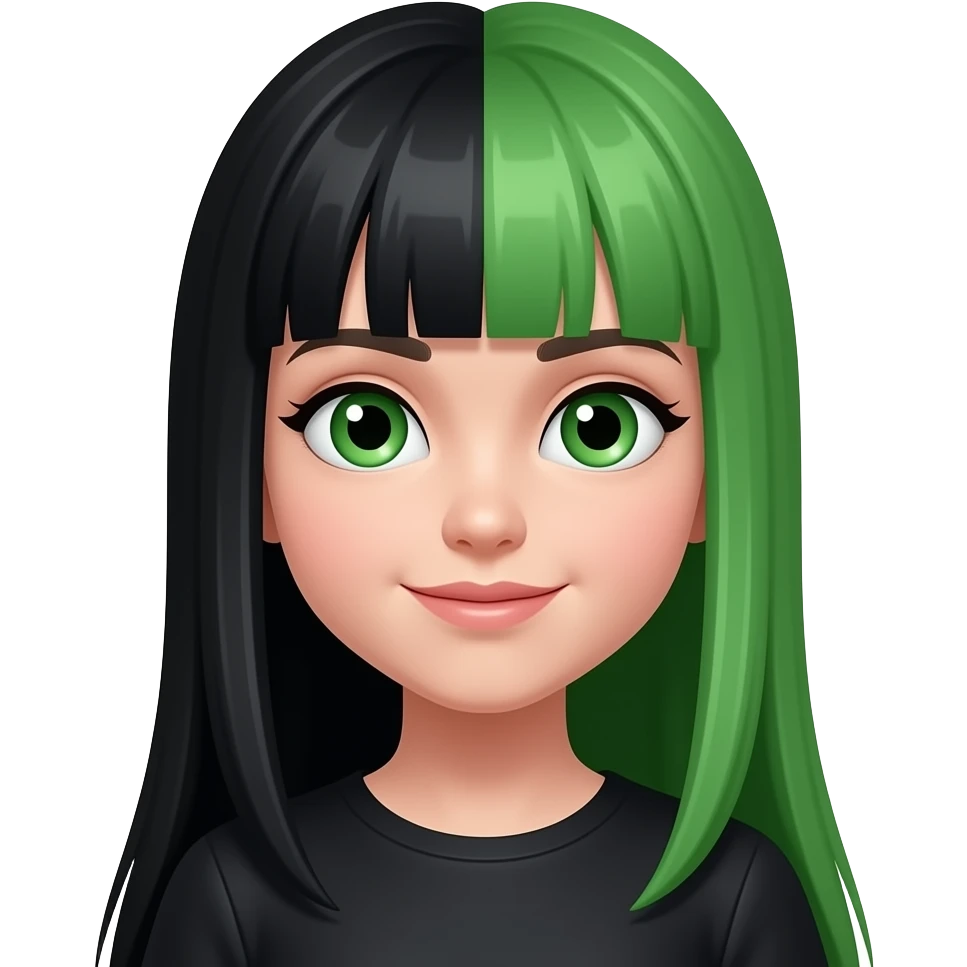 Mirabelle, a witch girl with black and green split straight hair, emoji