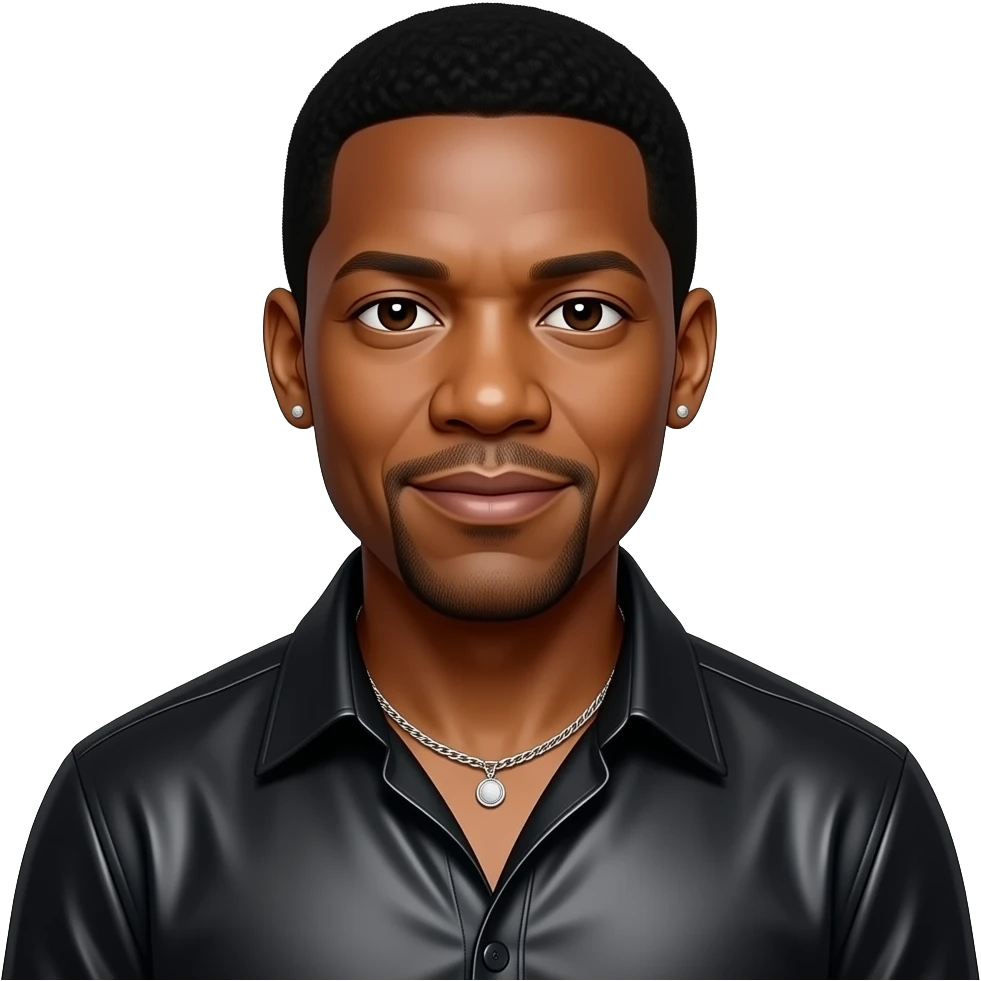 Denzel Washington with dark brown eyes, black hair, black metallic shirt, black metallic wide leg pants, silver necklace and short earrings emoji