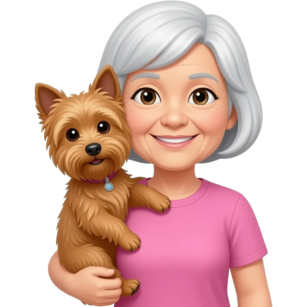 Asian grandma wearing pink tshirt with short white hair carrying brown terrier emoji