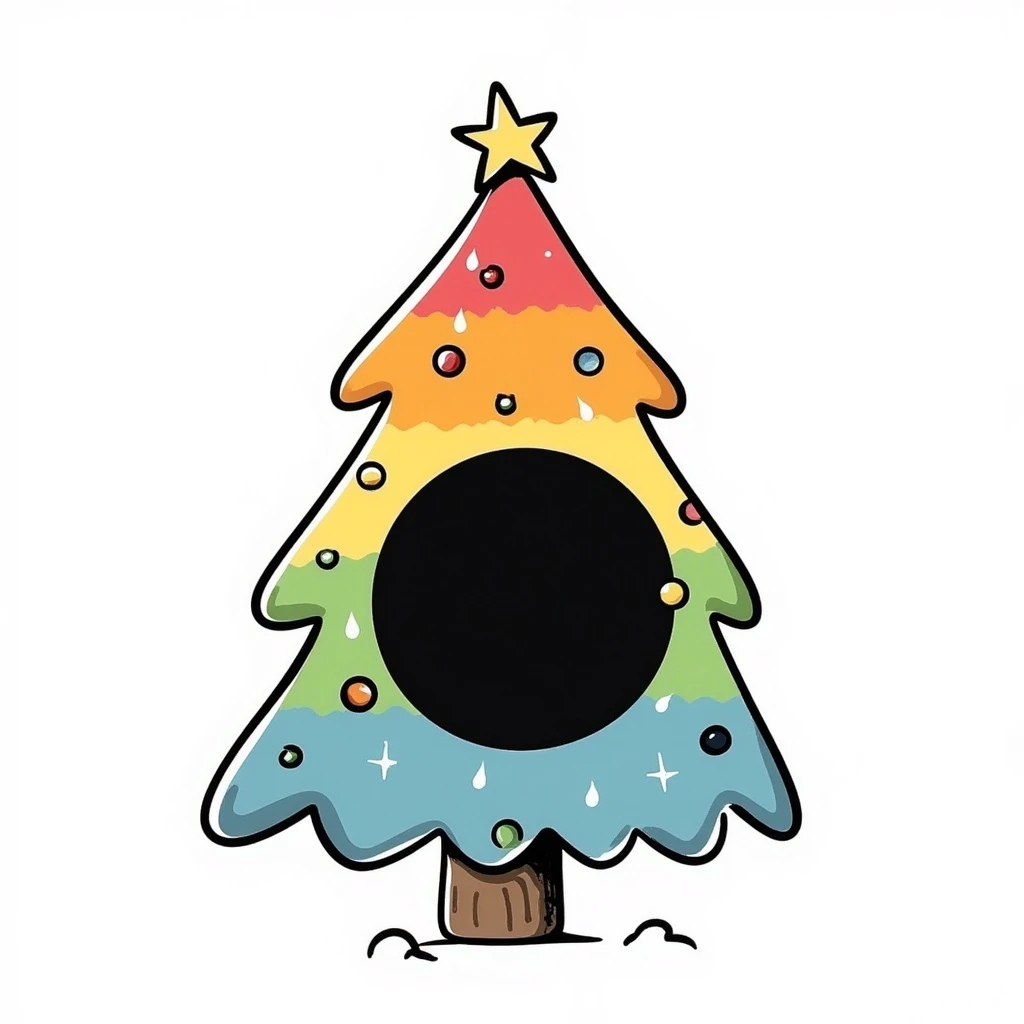 A Christmas tree in rainbow colors with an empty middle like a donut emoji