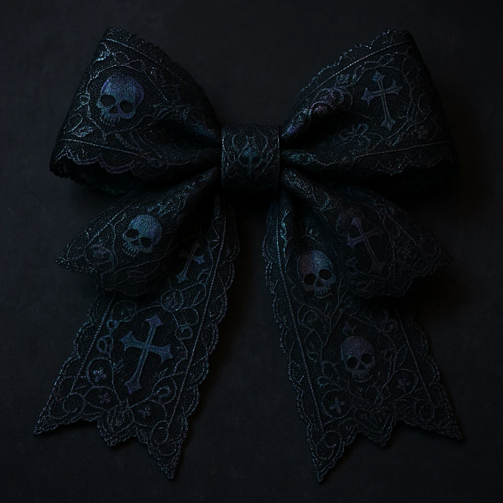 gothic style bow, black lace, dark elegant, subtle skull or cross motif, moody atmosphere, holographic effect emoji
