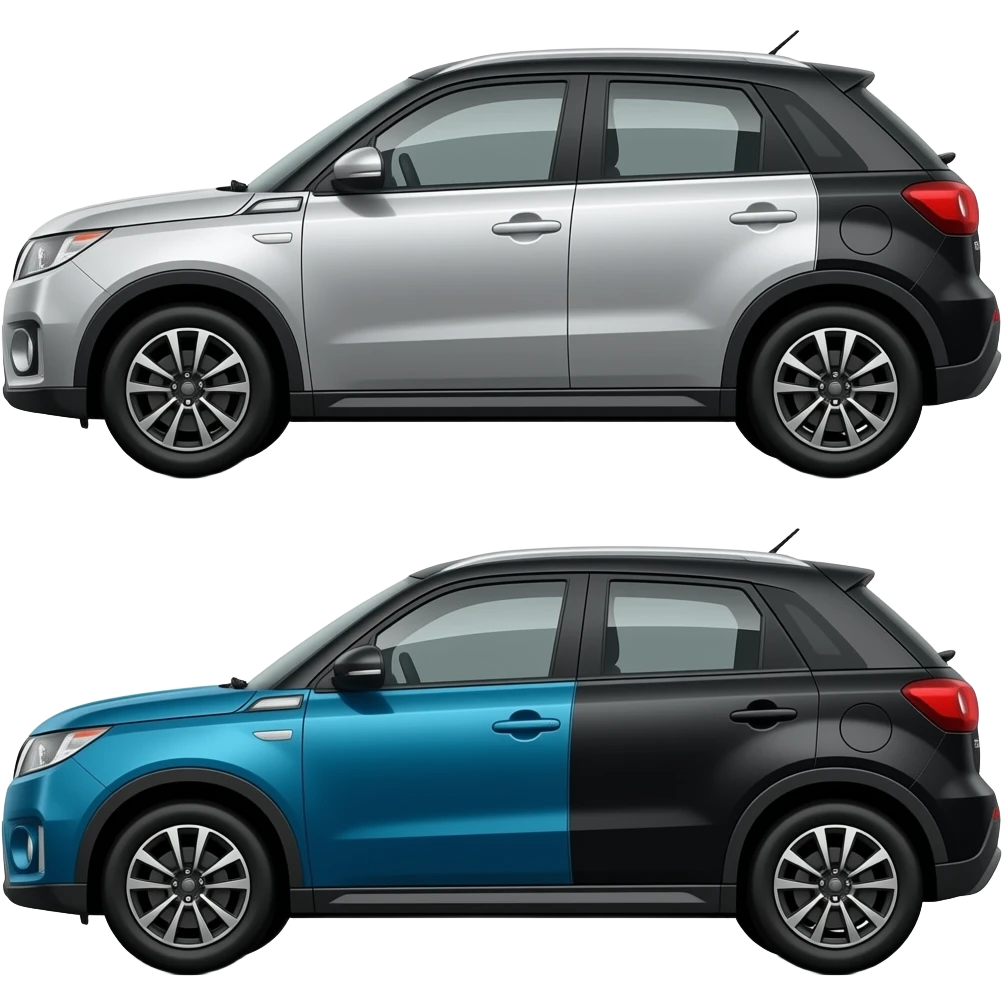 silver&top black  maruti suzuki victoris and  blue &top black maruti suzuki victoris . make both of them  above windows height  are black color (half black). make sure cars are facing each other. emoji