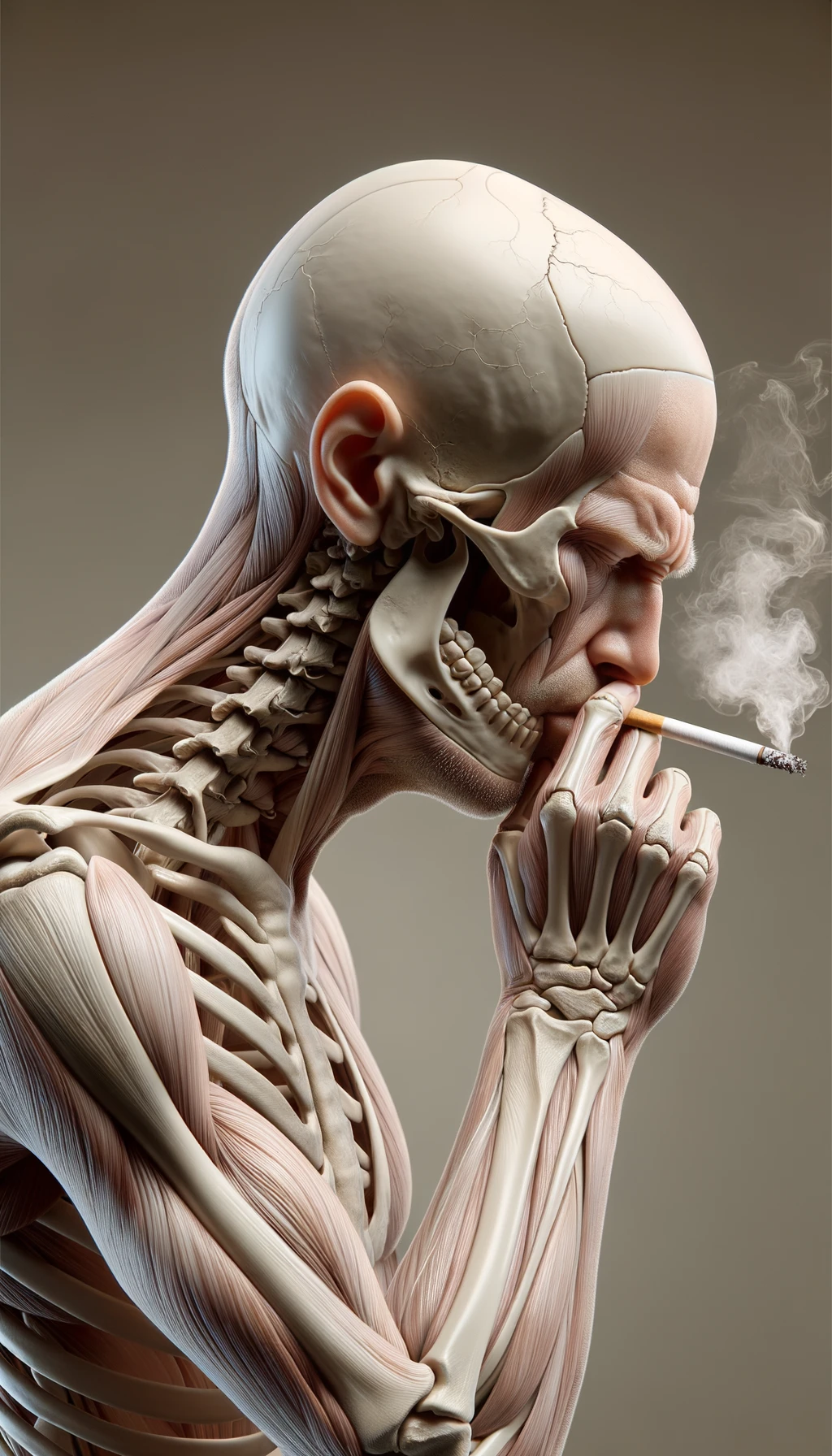 CORPO UMANO ANATOMICO CHE FUMA UNA SIGARETTA E TOSSISCE, NEUTRAL CLEAR BACKGROUND, iperrealistico 4k emoji