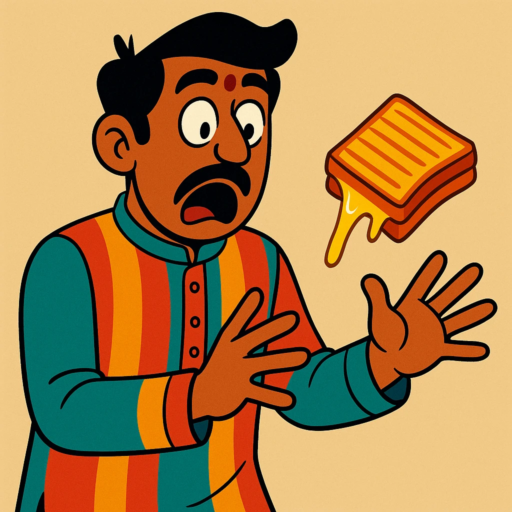 An Indian man in a kurta, surprised expression, as a grilled cheese sandwich slips from his hands, cartoon style, vibrant colors emoji