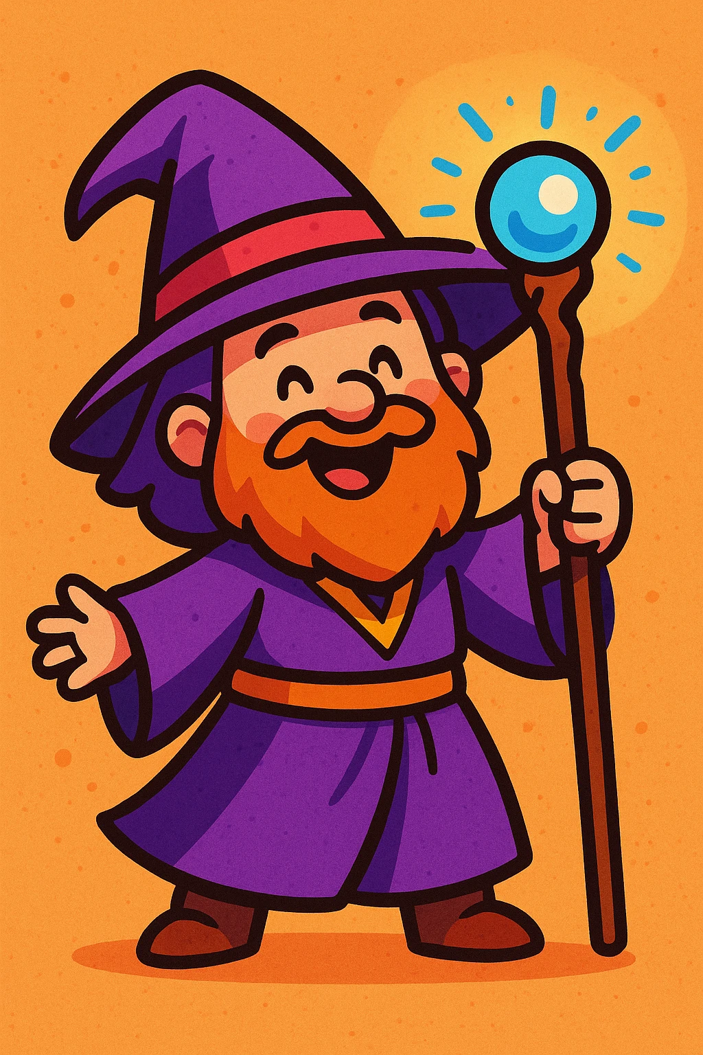 cute wizard with purple robes, holding a magic staff, big smile, charming and whimsical style emoji