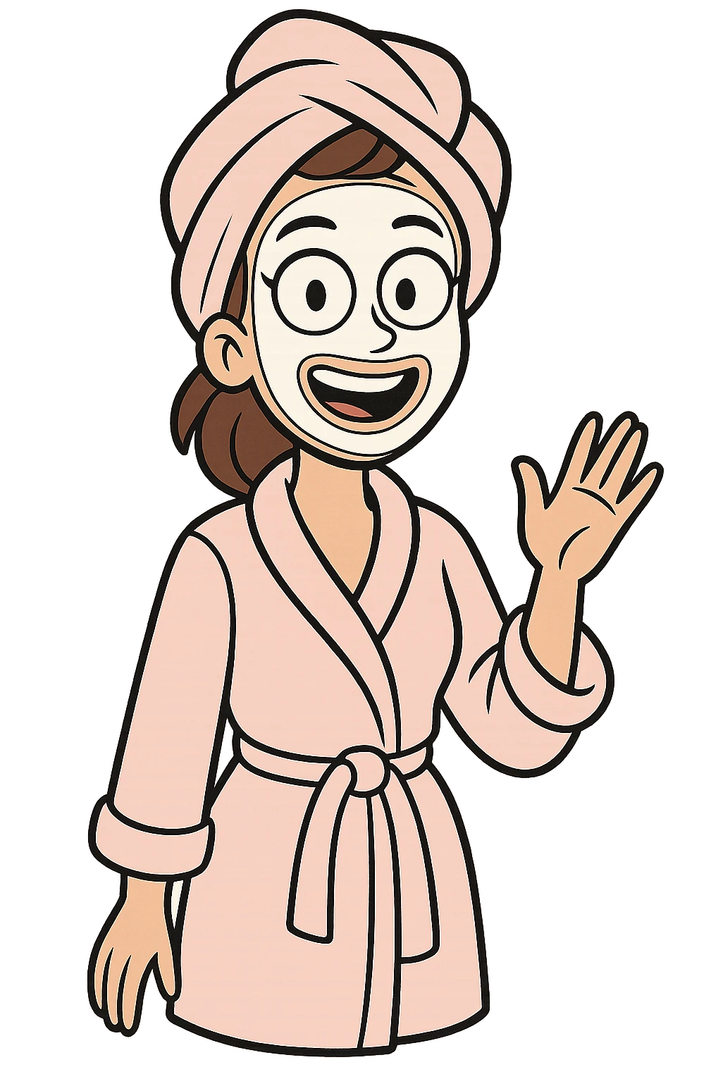 a girl with brown hair, wearing a bathrobe and a pastel pink towel turban, with a white facial mask, clear and friendly illustration style emoji