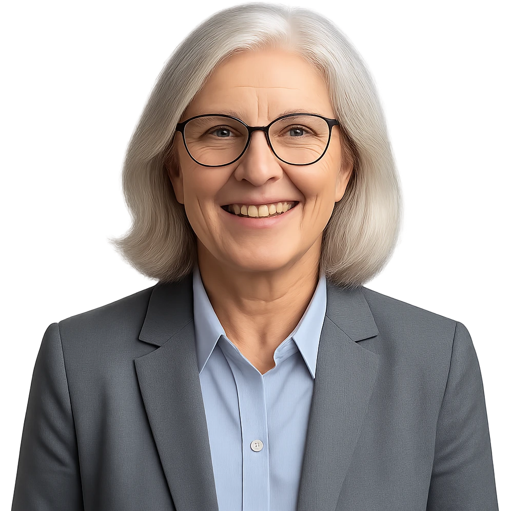 72-year-old professional woman, bright expression, wearing glasses, neat shirt and jacket emoji