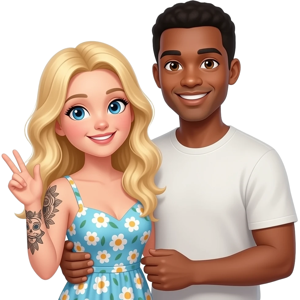 Blonde girl with blue eyes tattoos arms wearing a summer dress and African American man with black hair with brown eyes  having fun together emoji